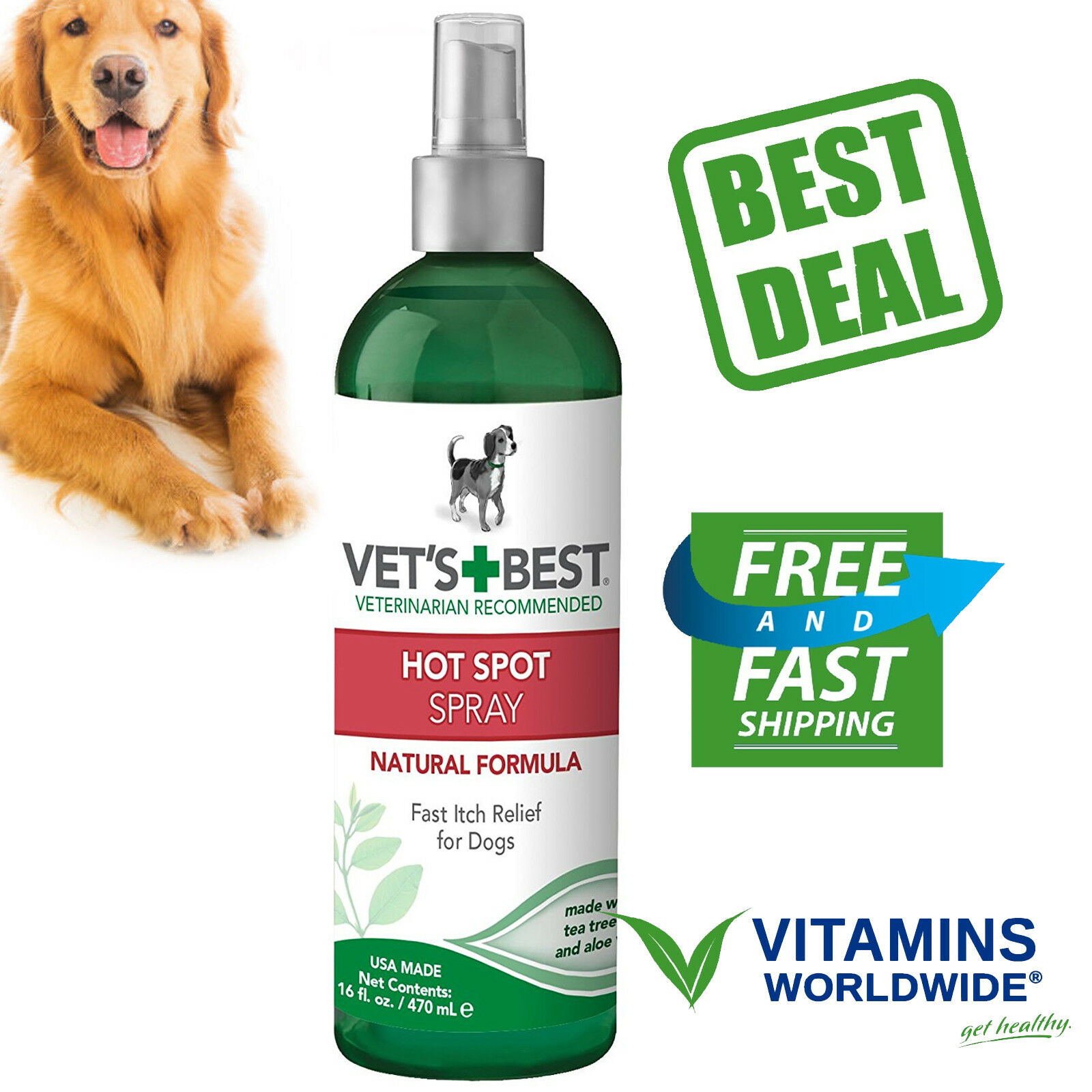 VET'S BEST HOT SPOT Itch Relief Spray for Dogs Natural